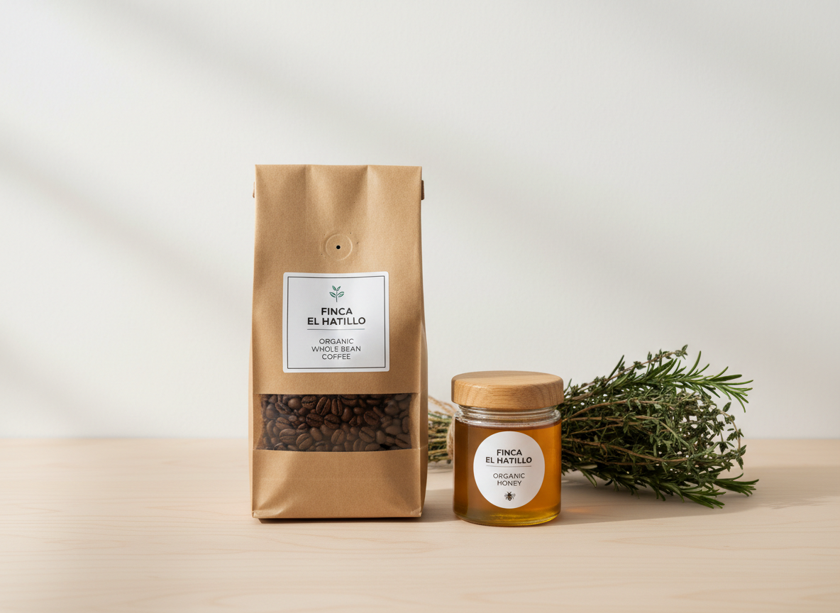 An assortment of Finca El Hatillo organic products arranged for a catalog-style presentation: a kraft paper bag of whole-bean coffee with minimalist labeling, a small glass jar of organic honey with a wooden lid, and a bundle of dried herbs tied with natural twine. They are carefully placed on a smooth, light wood surface against a simple off-white background. Soft studio lighting from the left creates gentle gradients on the packaging and subtle shadows that add depth without distraction. Photographed from a straight-on eye-level perspective with sharp focus throughout, the composition follows the rule of thirds, clean and uncluttered. The mood is refined, trustworthy, and eco-conscious, with photographic realism emphasizing textures of paper, glass, and natural materials, ideal for an online store product showcase.
