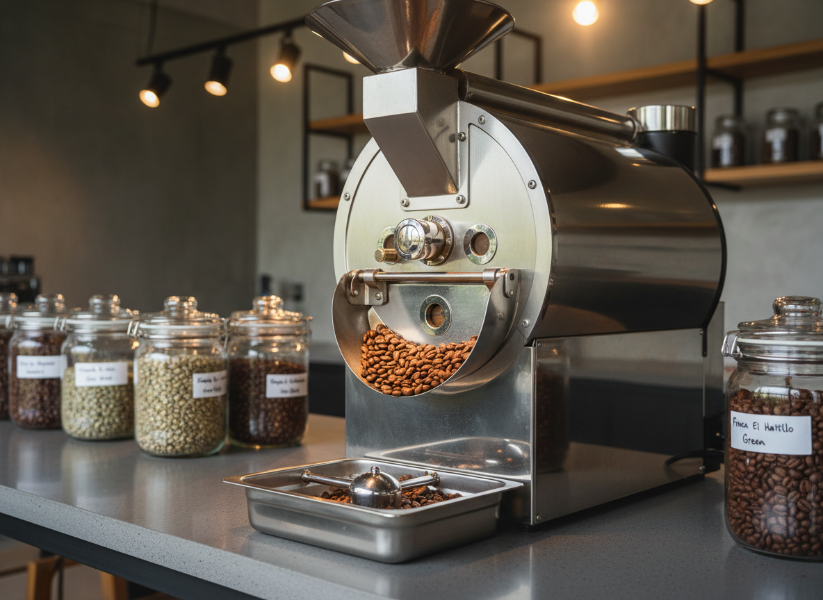 A stainless-steel sample roaster at Finca El Hatillo, its polished drum partially open to reveal a small batch of medium-roasted coffee beans with a rich, even brown color and light surface sheen. The roaster sits on a clean, organized workstation with labeled glass jars of green and roasted beans arranged neatly nearby. Overhead, warm, focused task lighting illuminates the equipment, producing precise reflections on metal surfaces and defined shadows that emphasize form and texture. Shot at a three-quarter angle with a moderate depth of field, the roaster dominates the frame while background jars softly recede. The mood is technical, meticulous, and professional, conveying expertise in coffee roasting within a photographic realism style and a modern, high-quality processing environment.