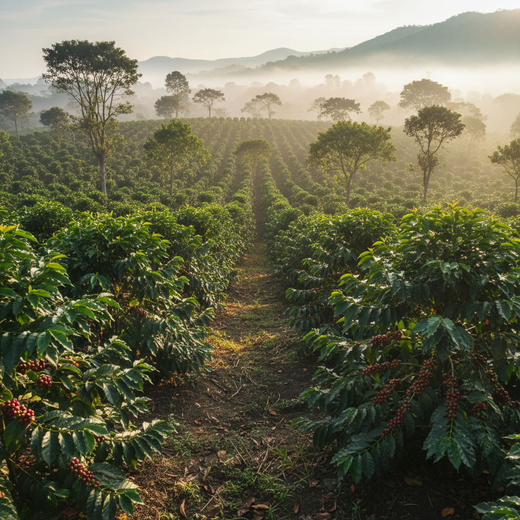 A mature coffee plantation on a gentle hillside at Finca El Hatillo, rows of deep green coffee plants heavy with glossy red cherries stretching into the distance. The rich, dark volcanic soil is clearly visible between the orderly rows, with scattered shade trees providing a natural canopy. Soft early-morning sunlight filters through a light mountain mist, casting long, delicate shadows and creating a golden rim light on the leaves. Photographed at eye level with a slightly wide angle, sharp focus in the foreground and gradual softness toward the horizon. The mood is serene, professional, and organic, emphasizing sustainable agriculture. Photographic realism with natural colors and a clean, documentary aesthetic suitable for a premium organic coffee brand.