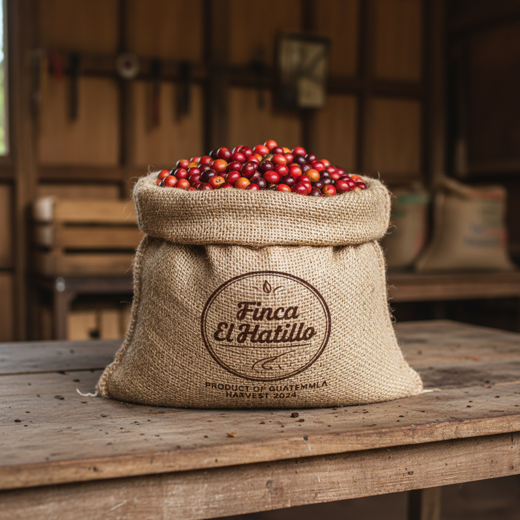 A close-up of a woven jute sack stamped with the logo “Finca El Hatillo” and origin markings, overflowing with freshly harvested coffee cherries in vibrant shades of red, burgundy, and deep orange. The sack rests on an aged wooden table with visible grain and small traces of soil, inside a rustic farm processing shed. Soft diffused daylight enters from an unseen side window, creating gentle highlights on the cherries’ taut skins and subtle shadows within their pile. Captured from a slightly elevated angle with shallow depth of field, the foreground cherries are in crisp focus while the shed’s background elements blur into warm, earthy tones. The atmosphere is authentic, artisanal, and professional, in a photographic realistic style that highlights organic production and attention to detail.
