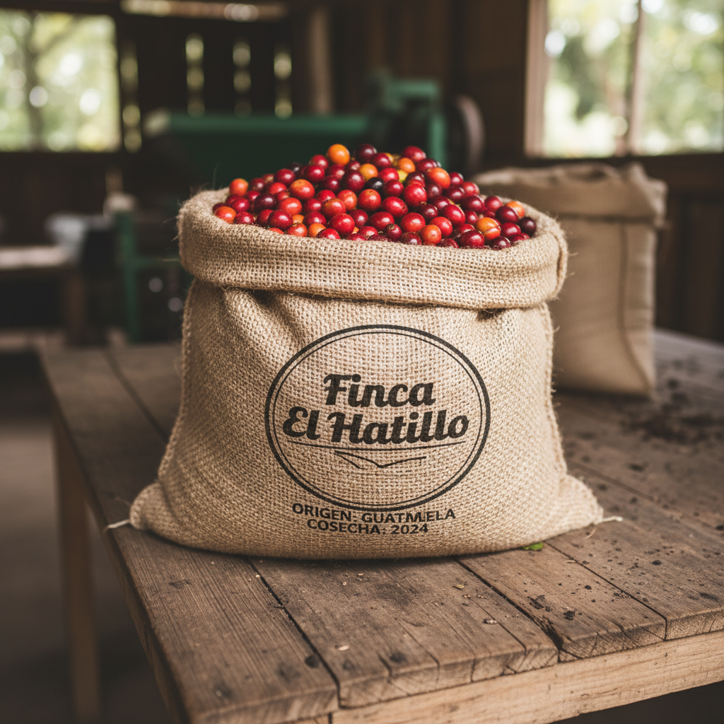 A close-up of a woven jute sack stamped with the logo “Finca El Hatillo” and origin markings, overflowing with freshly harvested coffee cherries in vibrant shades of red, burgundy, and deep orange. The sack rests on an aged wooden table with visible grain and small traces of soil, inside a rustic farm processing shed. Soft diffused daylight enters from an unseen side window, creating gentle highlights on the cherries’ taut skins and subtle shadows within their pile. Captured from a slightly elevated angle with shallow depth of field, the foreground cherries are in crisp focus while the shed’s background elements blur into warm, earthy tones. The atmosphere is authentic, artisanal, and professional, in a photographic realistic style that highlights organic production and attention to detail.