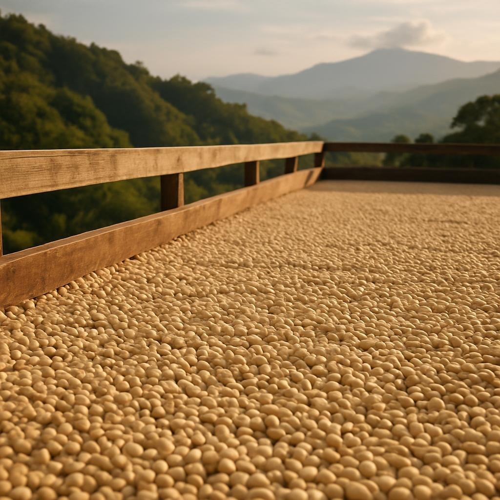 A handcrafted wooden drying patio at Finca El Hatillo, neatly covered with evenly spread layers of washed coffee parchment beans in pale cream and light beige tones. The patio is bordered by low, weathered wooden rails, overlooking distant green hills and patches of cloud forest that fade into a soft blue horizon. Late afternoon sunlight bathes the scene in a warm glow, creating intricate shadows between individual beans and subtle highlights on the grain of the wood. Captured from a low, side angle that emphasizes depth and leading lines, the image has sharp focus in the midground with a gentle falloff toward the distant mountains. The atmosphere is calm, methodical, and natural, rendered in photographic realism to underscore traditional, sun-dried processing methods and a strong connection to the landscape.